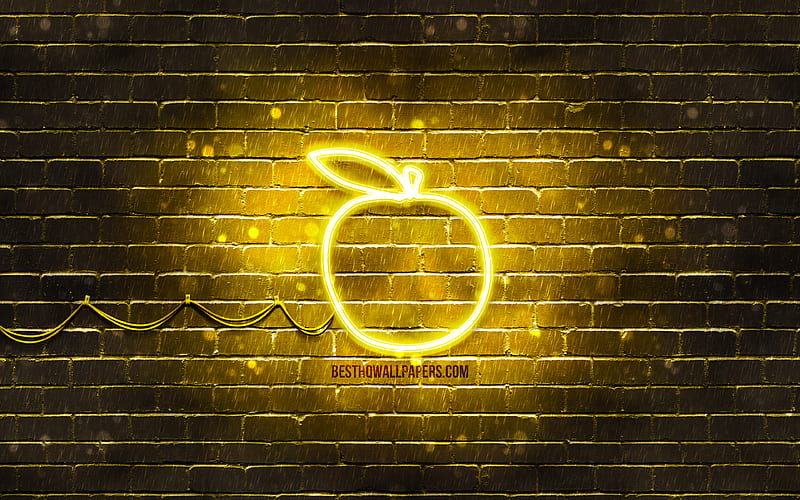 Yellow Apple neon icon yellow background, neon symbols, Yellow Apple, creative, neon icons, Apple sign, food signs, Apple icon, food icons, HD wallpaper