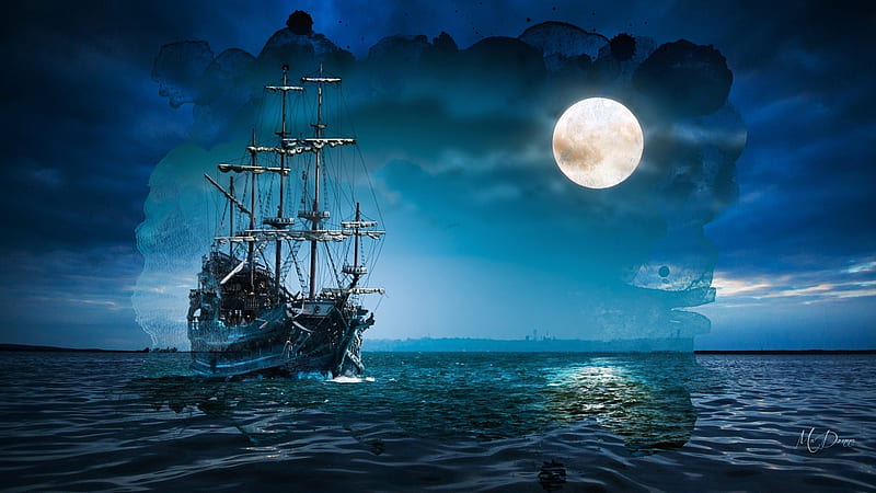 Tall Ship at Sea, ship, full moon, collage, sky, Firefox Persona theme, sea, blue, sail, HD wallpaper
