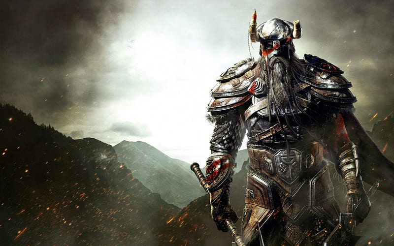 viking warrior, helmet, mountains, sparks, sword, body armour, HD wallpaper