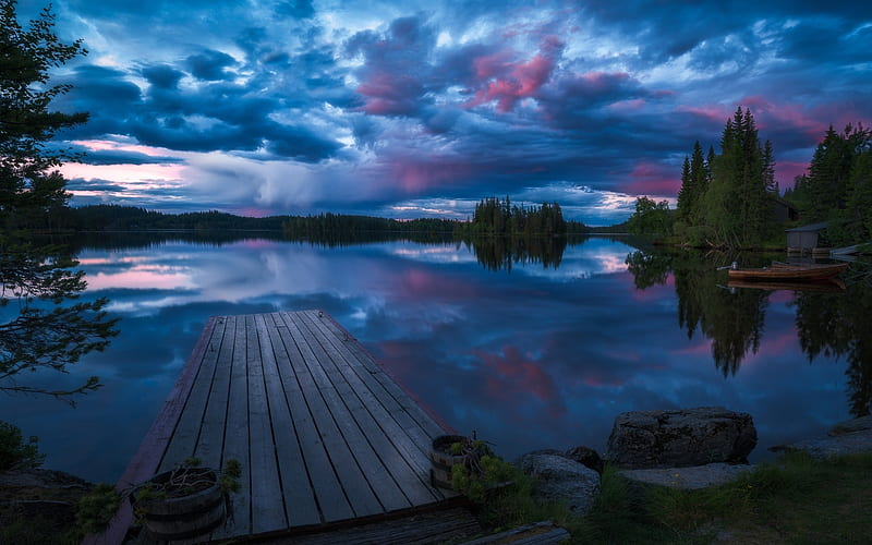 Ringerike, pier, darkness, lake, Norway, HD wallpaper