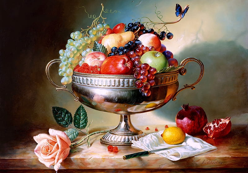 Still life, fruit, art, rose, painting, flower, alexei antonov, pictura, HD wallpaper