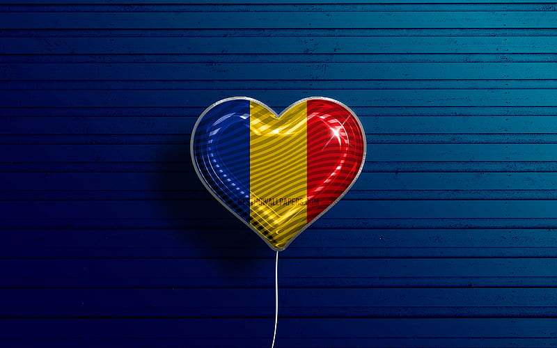 I Love Romania realistic balloons, blue wooden background, Romanian flag heart, Europe, favorite countries, flag of Romania, balloon with flag, Romanian flag, Romania, Love Romania, HD wallpaper