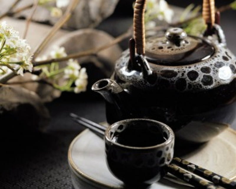 Tea Time, chop stick, cup, black, tea pot, HD wallpaper