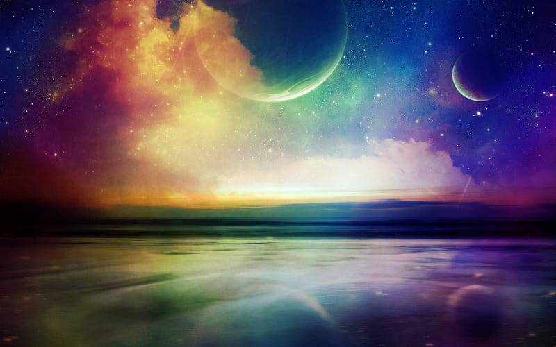 Rainbow Dreams, colorful, planets, sun, ocean, refection, sky, clouds, moon, water, HD wallpaper