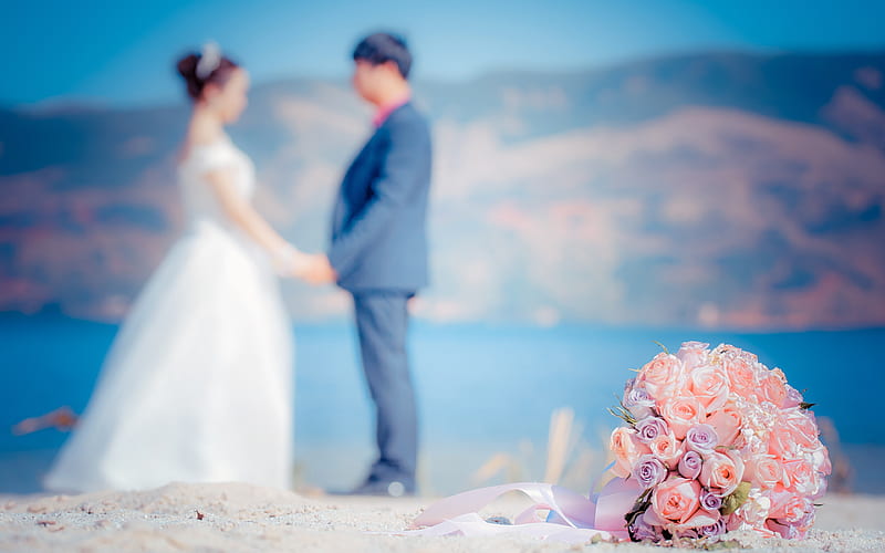 newlyweds bokeh, love concept, couple in love, wedding bouquet, wedding moments, HD wallpaper