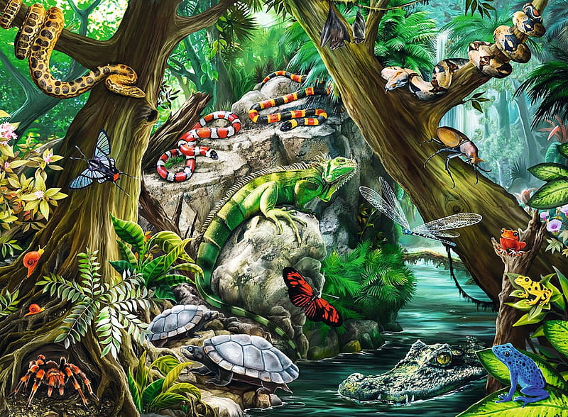 Jungle Buddies, turtles, iguana, artwork, frog, butterfly, crocodile, painting, dragonfly, viper, snakes, HD wallpaper