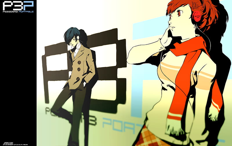 P3P Male and Female Characters, female, male, headphones, p3p, video game, wall, cute, boy, girl, scarf, persona 3, psp, HD wallpaper
