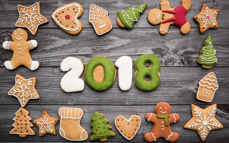 Happy New Year, 2018 concept, cookies, sweets, pastries, New Year, HD wallpaper