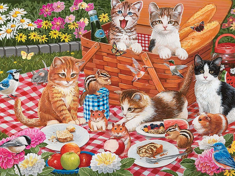Picnic Clean Up Crew, foodstuff, table, cats, flowers, painting, HD wallpaper
