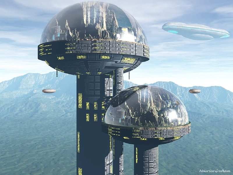dome city, pillars, scifi, spaceships, alien world, HD wallpaper