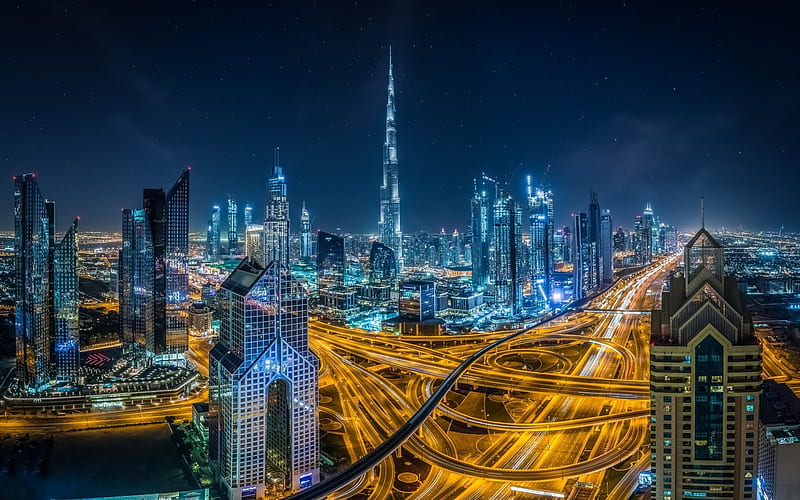 Dubai, United Arab Emirates, night, skyscraper, Burj Khalifa, city lights, UAE, HD wallpaper