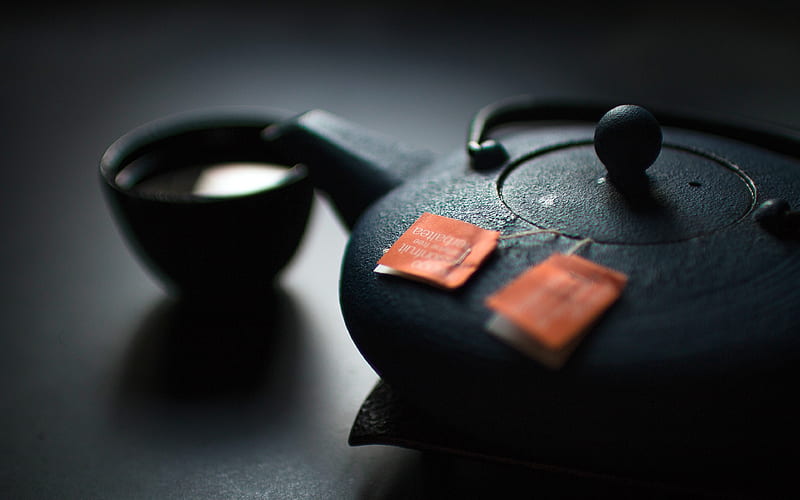 Chinese tea black teapot, close-up, cup of tea, teapot, HD wallpaper