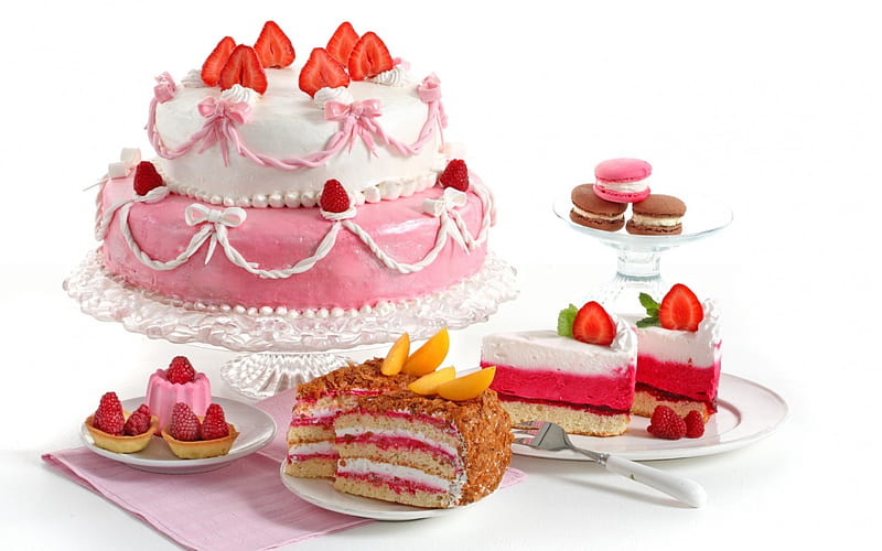 Cakes, cake, fruit, strawberry, food, pink, dessert, sweet, HD wallpaper
