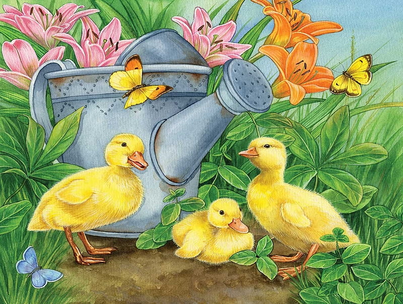 Ducks in the Garden, yellow, three, ducks, flowers, butterflies, puzzle, jigsaw, baby, ducklings, HD wallpaper