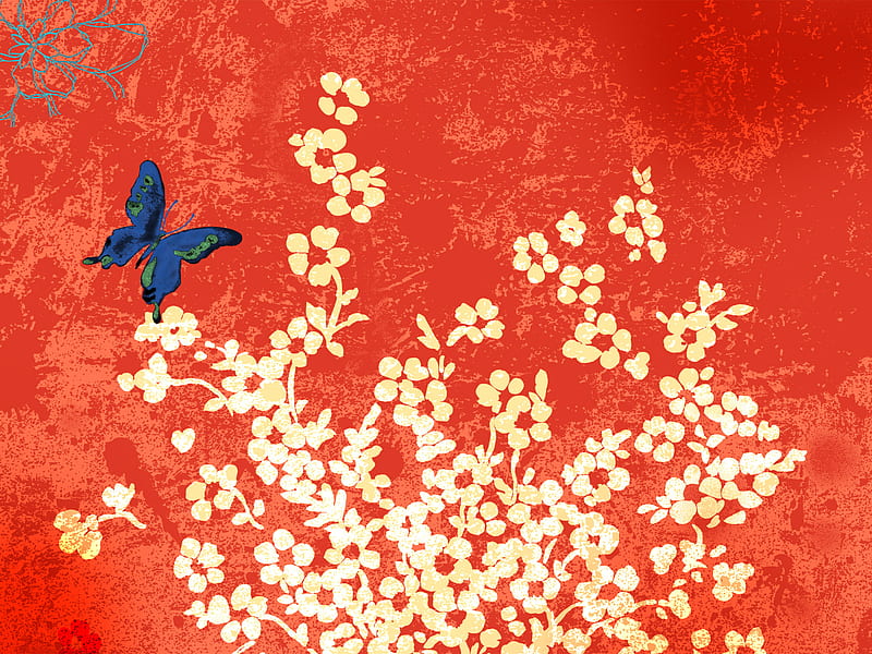 Peach Blossoms, flowers, blue butterfly, HD wallpaper
