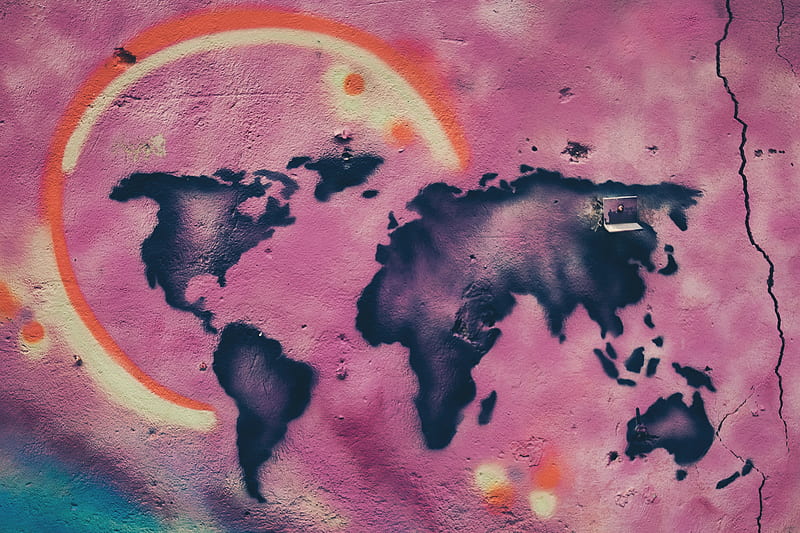 map, continents, graffiti, wall, paint, street art, HD wallpaper