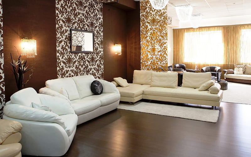 brown room, white sofas, modern interiors, modern design, hall, brown interior, HD wallpaper