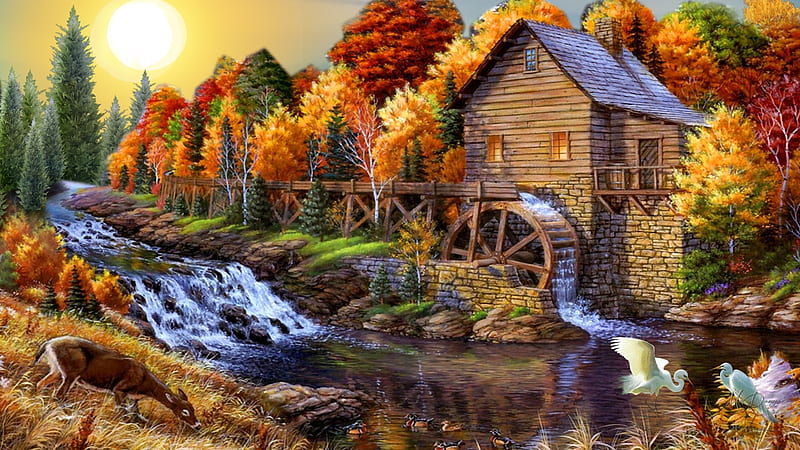 Autumn Water Mill, fall, autumn, cottage, birds, water mill, river, trees, deer, HD wallpaper