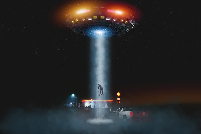 UFO , alien, close encounter, dark, funny, night, sci-fi, scifi, space, spaceship, HD wallpaper