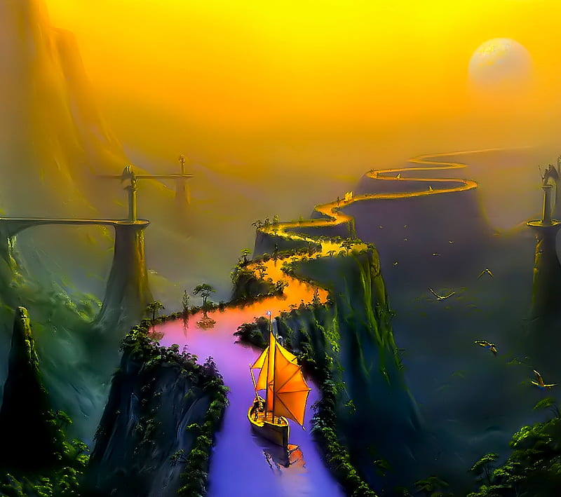 Fantasy Bridges Boat, art new, HD wallpaper