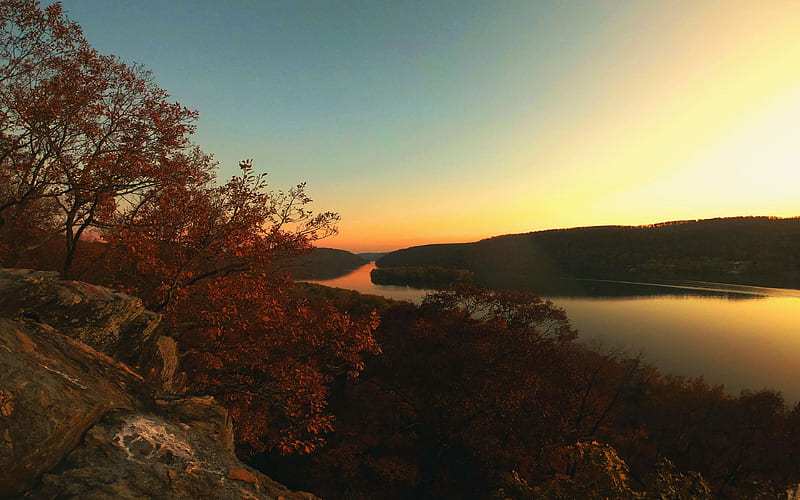 Susquehanna River, Lancaster, Pennsylvania, water, usa, sunset, sky, trees, reflections, landscape, HD wallpaper