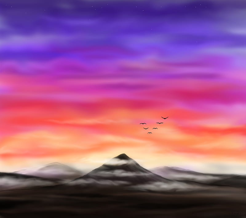 sunset-sky, birds, blue, migratory birds, orange, sky, sunset, violet, HD wallpaper