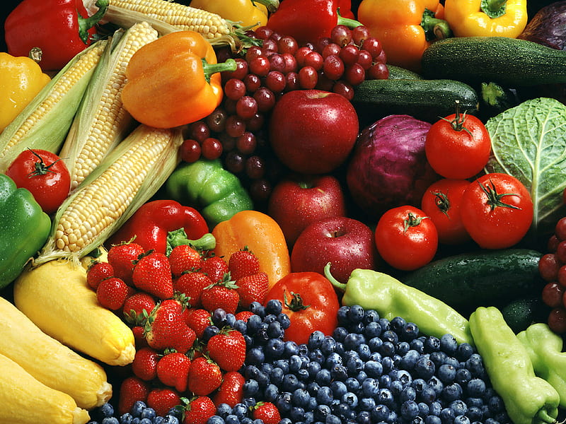 Fresh fruits, fruit, grape, tomato, food, vegetable, banana, HD wallpaper