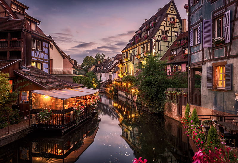 Towns, Colmar, Cafe, Canal, Evening, France, HD wallpaper