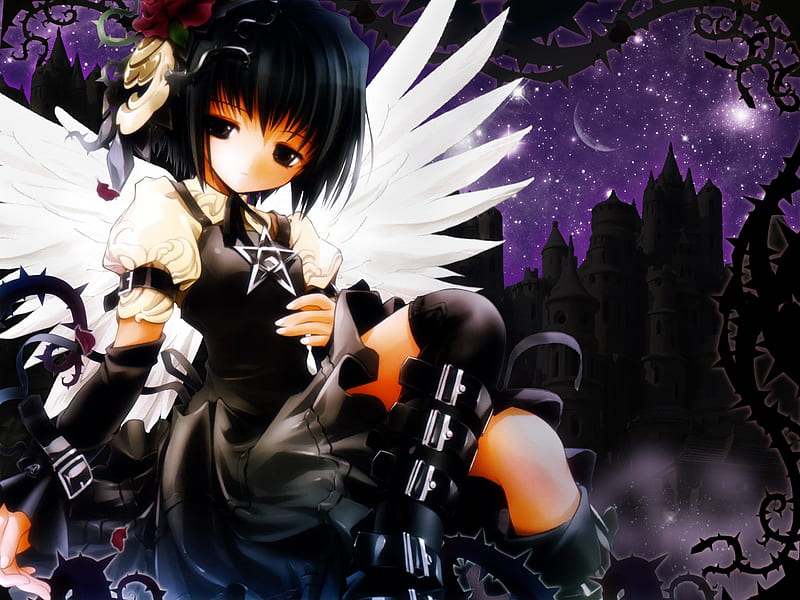 Sadness, female, wings, alone, angel, anime girl, night, star, HD wallpaper
