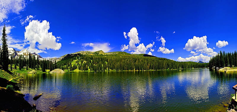 Lake Irwin Crested Butte, Colorado, forest, grass, trees, sky, clouds, lake, mountain, colorado, water, nature, land, reflection, white, blue, HD wallpaper