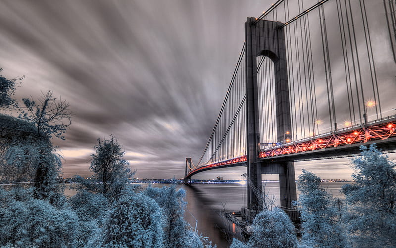 Verrazano-Narrows Bridge, New York, Fort Wadsworth, winter, snow, cityscape, NYC, USA, Staten Island, New York City, HD wallpaper