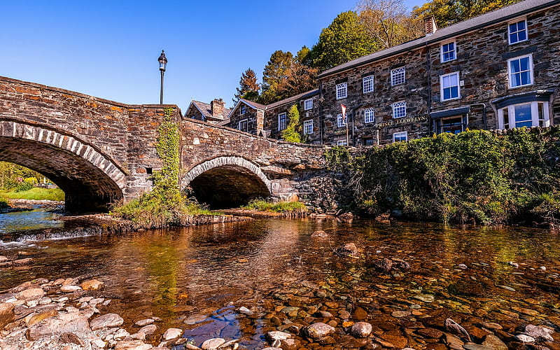 Gwynedd, stone bridge, old city, Wales, United Kingdom, HD wallpaper