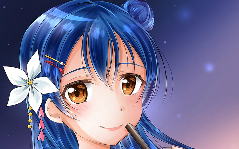 Sonoda Umi, protagonist, manga, Love Live Sunshine, girl with blue hair, HD wallpaper
