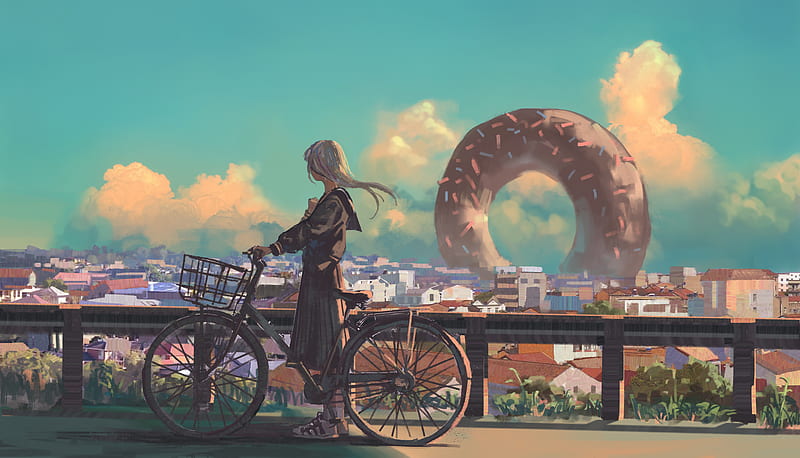 Anime Original Bike City Long Hair Artwork, anime, artist, artwork, digital-art, HD wallpaper