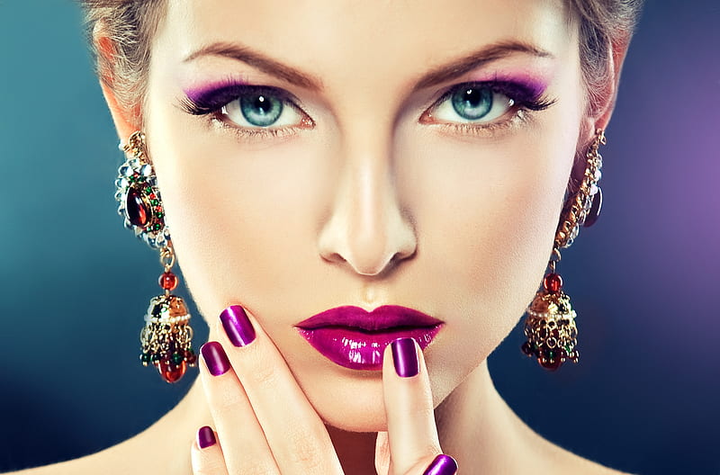 Jewelry, Close Up, Face, Women, Earrings, Makeup, Blue Eyes, Lipstick