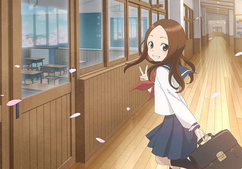 karakai jouzu no takagi-san, school uniform, cute, brown hair, petals, Anime, HD wallpaper