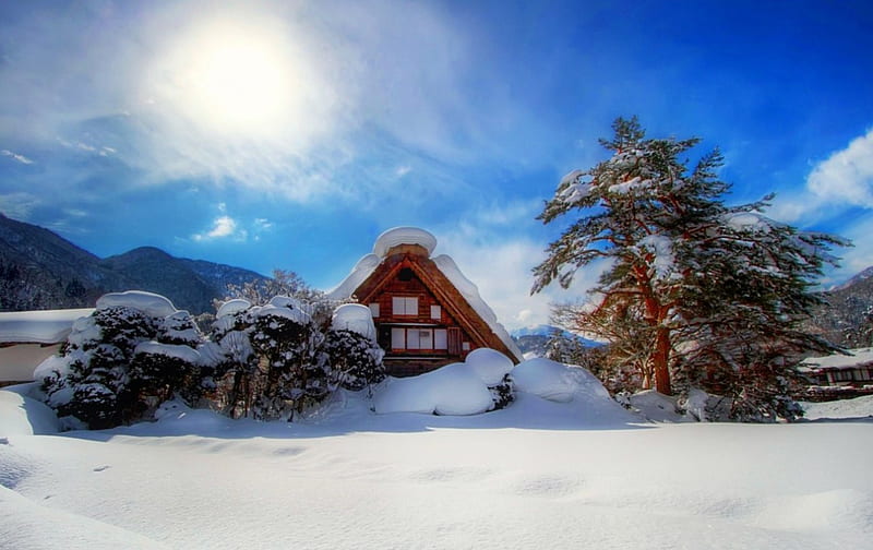Winter landscape, rest, sun, chalet, bonito, trees, sky, winter, snow, landscape, frost, HD wallpaper