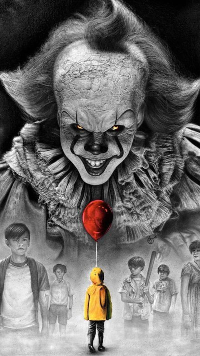 It, black and white, bw, clown, film, horror, kids, movie, red balloon, scary, yellow coat, HD phone wallpaper