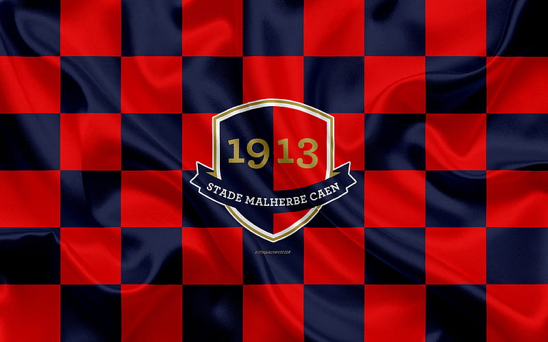 Caen FC logo, creative art, blue red checkered flag, French football club, Ligue 1, emblem, silk texture, Caen, France, football, Stade Malherbe Caen, HD wallpaper