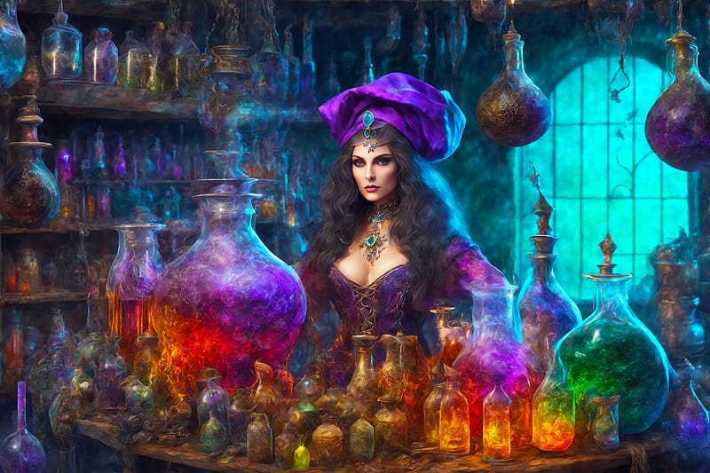 Witches Brew, art, fantasy, girl, witch, woman, brew, colorful, , beautiful, dayid art, digital, HD wallpaper
