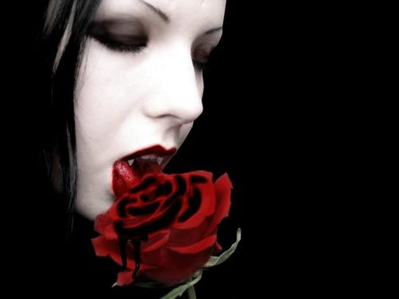 girl vampire, red, abstcrat, vampires, girl, rose, black, blood, HD wallpaper
