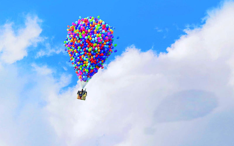 Fly away, house, balloons, colors, bonito, fun, funny, clouds, HD wallpaper