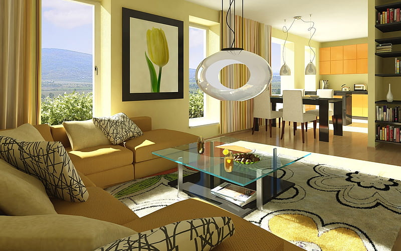 Sunny Living Room, interior, home, room, house, HD wallpaper