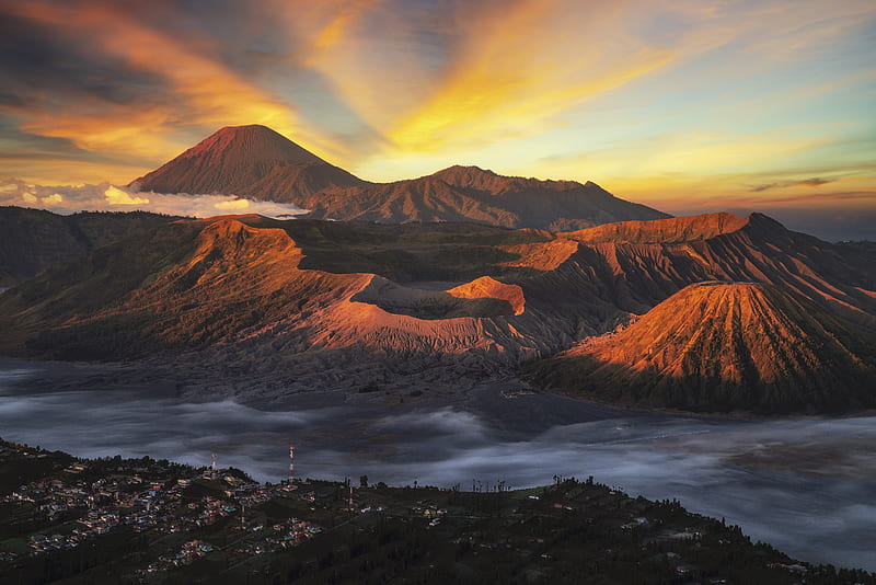 Volcanoes, Mount Bromo, Indonesia, Island, Mountain, Sky, Sunset, Volcano, HD wallpaper
