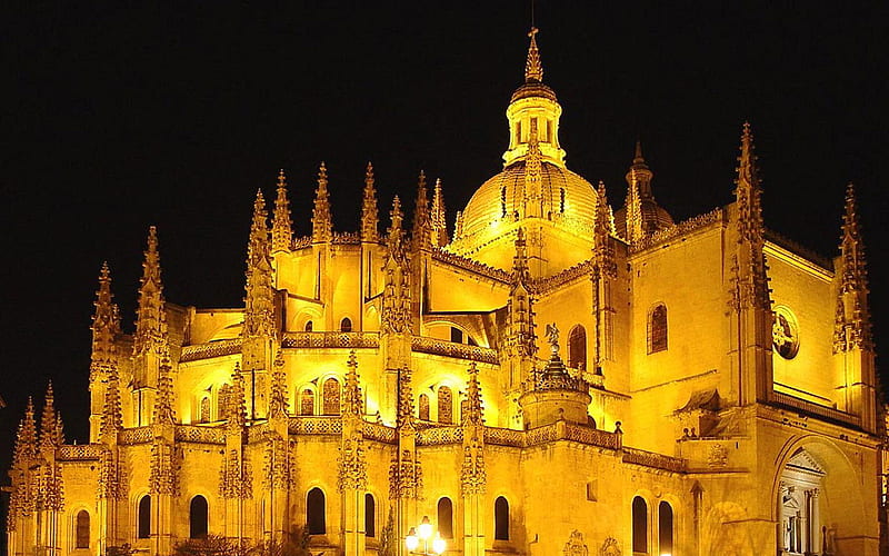 catedral de segovia spain, architecture, cathedral, religious, lights, night, HD wallpaper