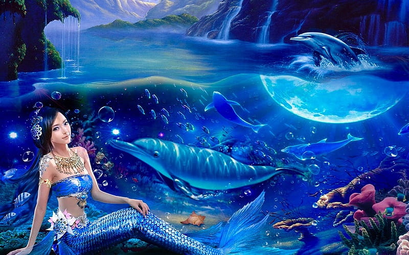 Mermaid With Dolphins, Mermaid, ocean, Scenic, sealife, mythical, sea, blue, Fantasy, water, dolphins, HD wallpaper
