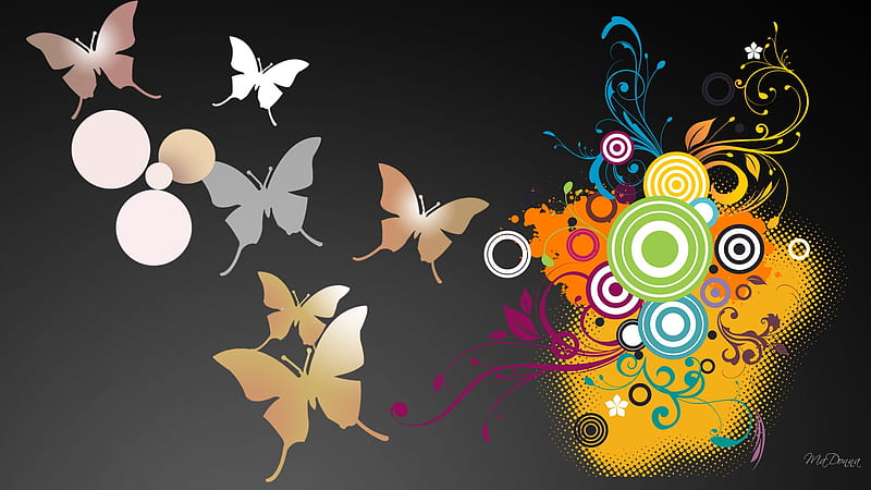 Butterflies Vector, bright, circles, vines, colors, firefox persona, swirls, lines, butterflies, HD wallpaper