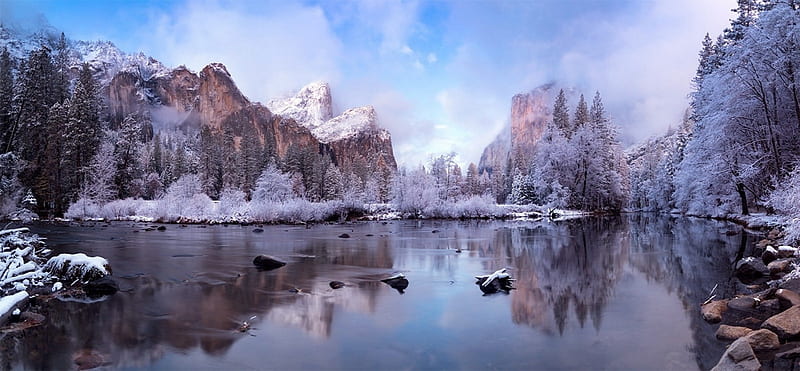 Snow Yosemite National Park, Yosemite, Sky, River, Tree, Snow, Park, National, Cloud, HD wallpaper