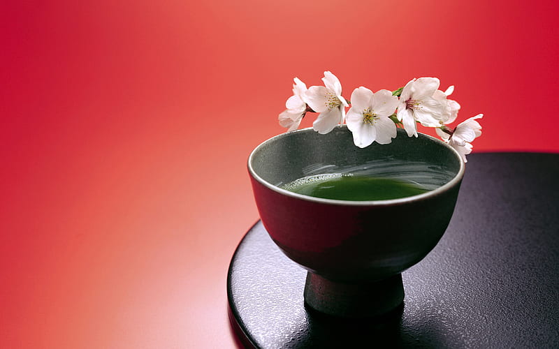 Japanese Still Life, red, background, black, bonito, round table, green tea, flowers, tea pot, white, HD wallpaper