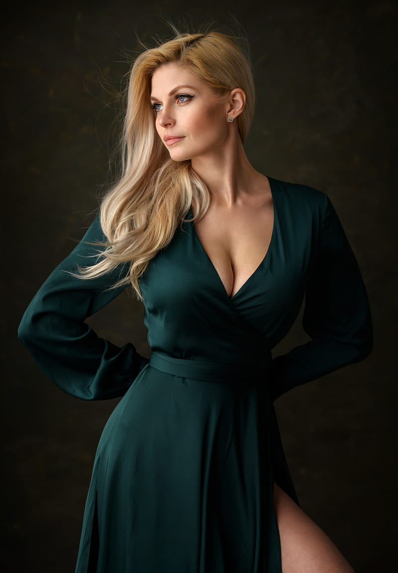 Dennis Drozhzhin, women, blonde, looking away, dress, simple background, green clothing, cleavage, HD phone wallpaper